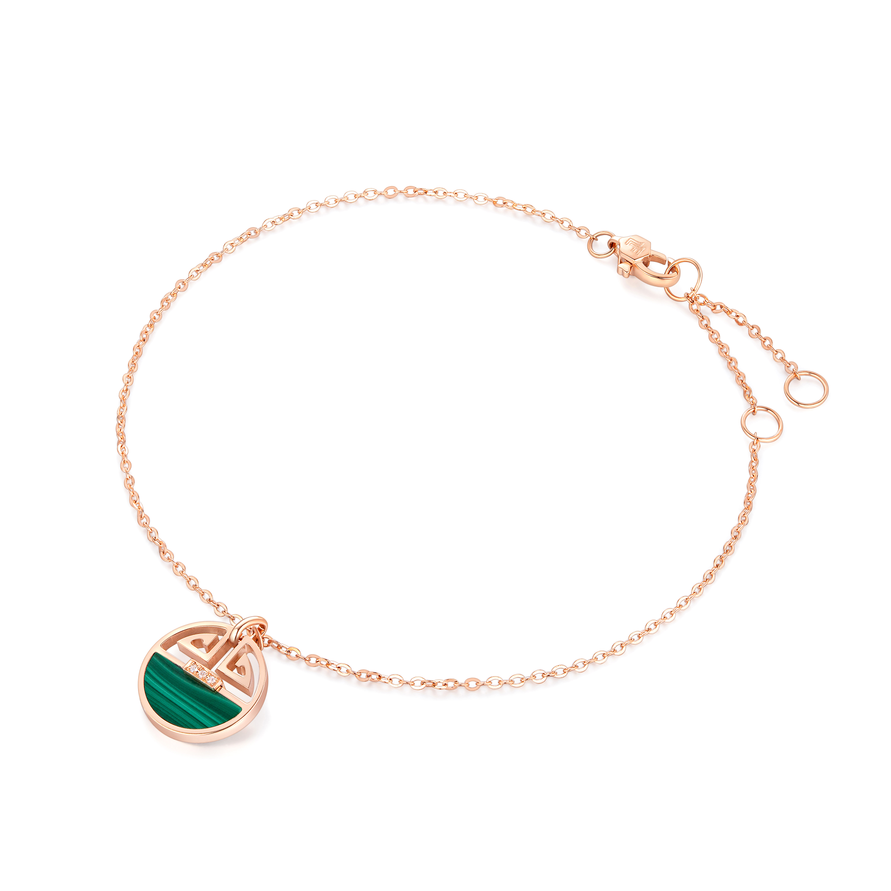 六福珠寶18K金手鏈 - 回紋圖案18K玫瑰金鑽石襯孔雀石如意手鏈