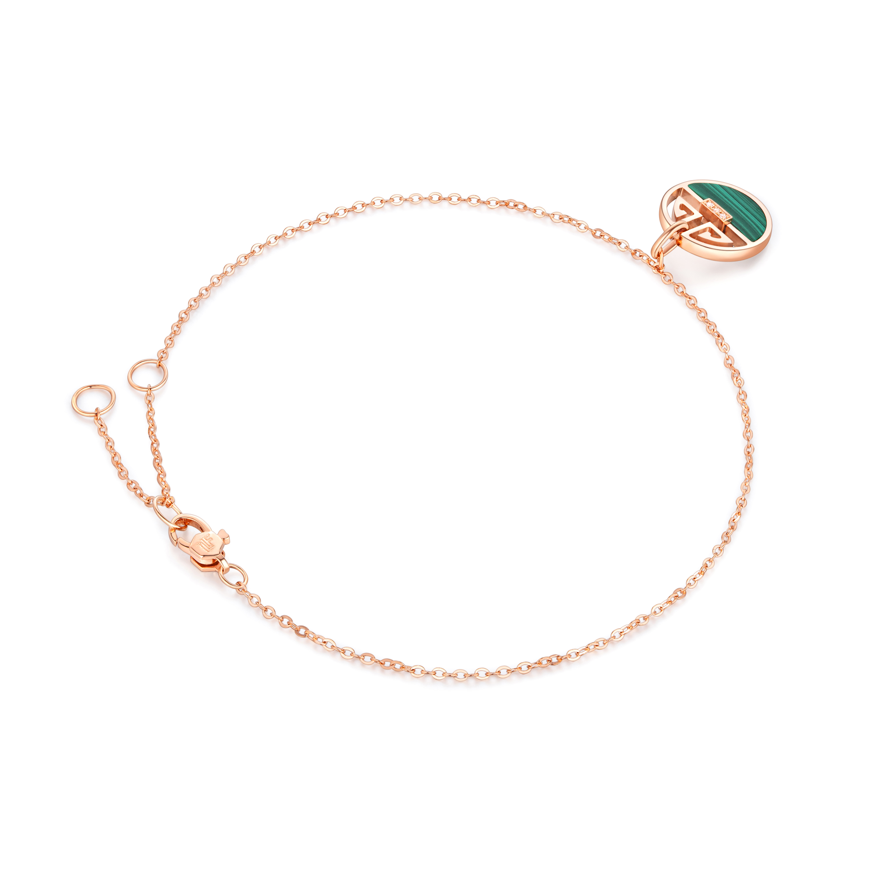 六福珠寶18K金手鏈 - 回紋圖案18K玫瑰金鑽石襯孔雀石如意手鏈