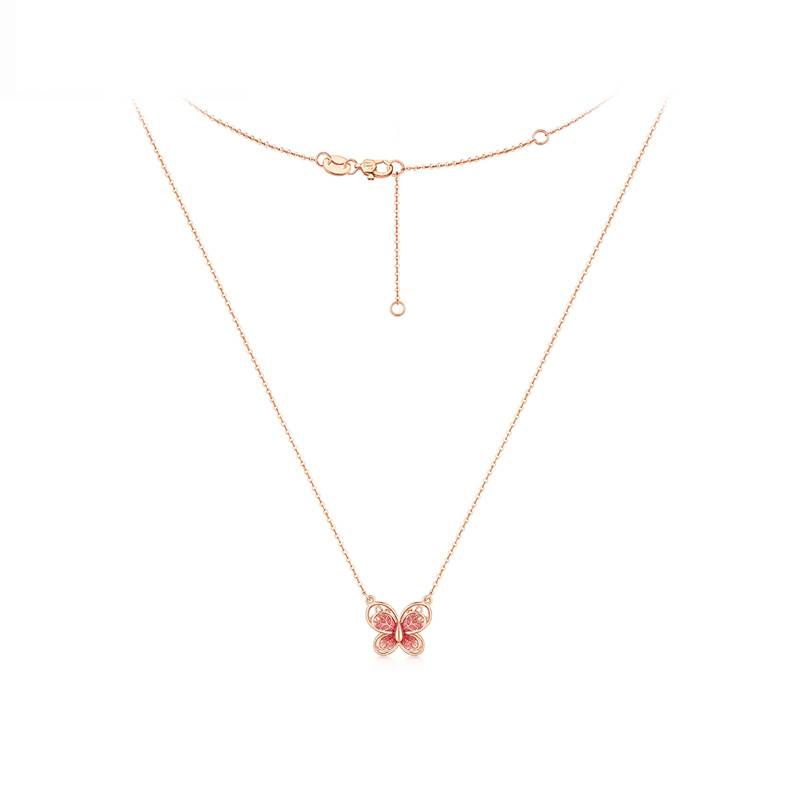 六福珠寶18K金頸鏈 - "春跡"18K玫瑰金蝴蝶造型琺瑯吊墜連頸鏈