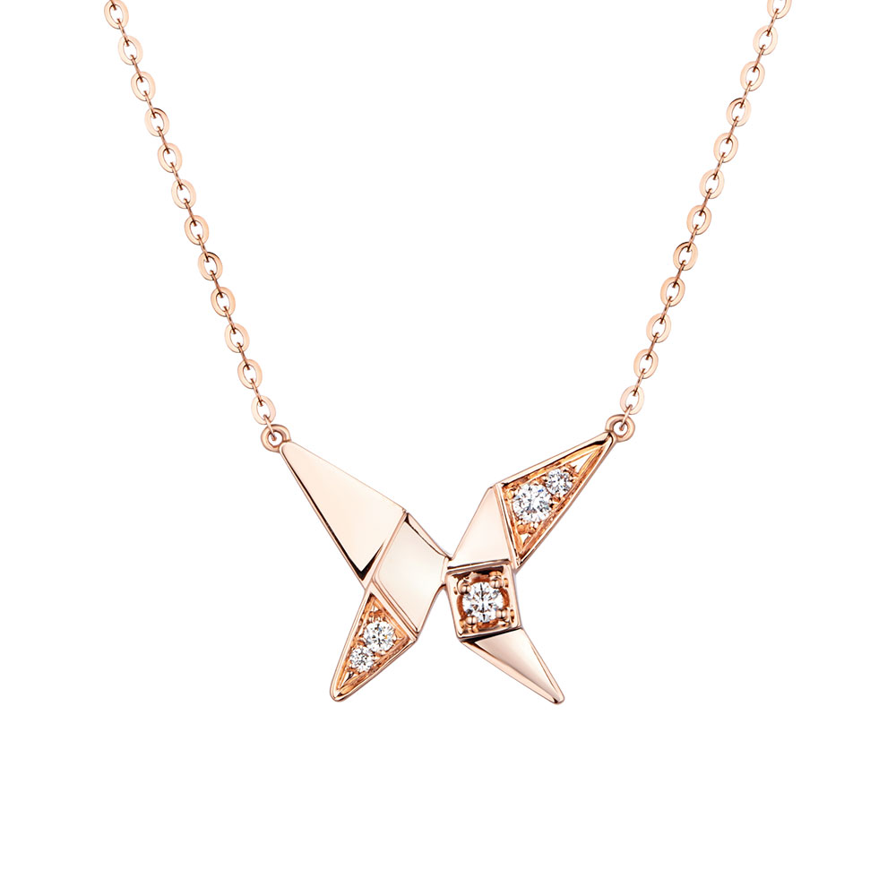 六福珠寶18K金頸鏈 - "小玩意"18K玫瑰金蝴蝶造型鑽石頸鏈