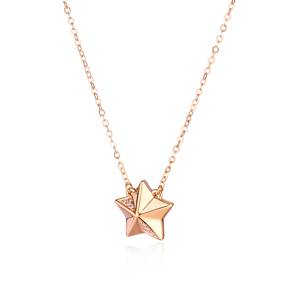 六福珠寶18K金頸鏈 - "閃爍星星"18K玫瑰金鑽石頸鏈