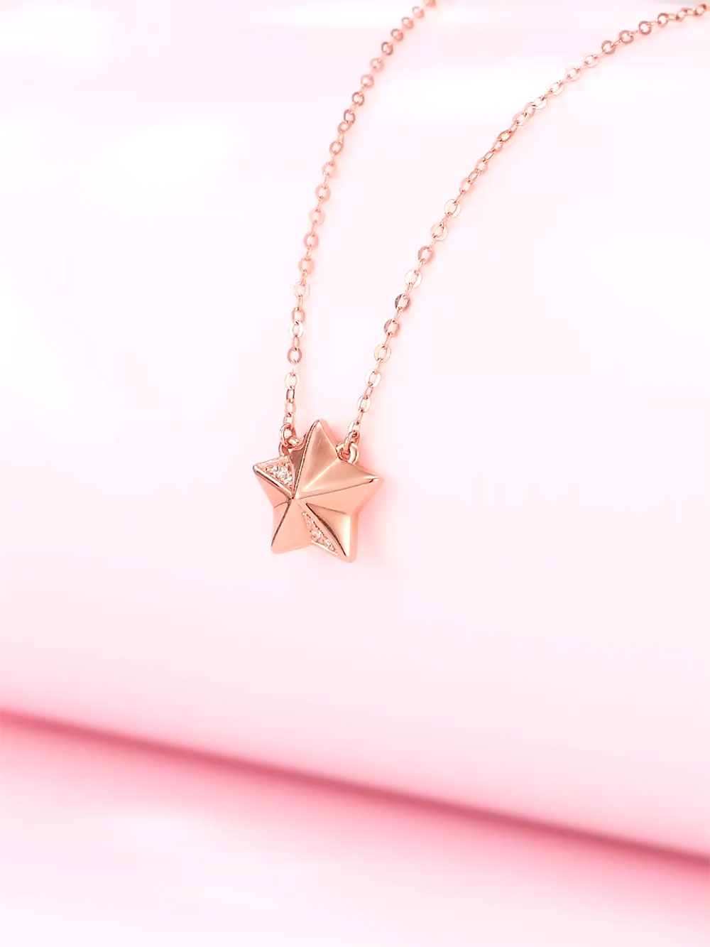 六福珠寶18K金頸鏈 - "閃爍星星"18K玫瑰金鑽石頸鏈