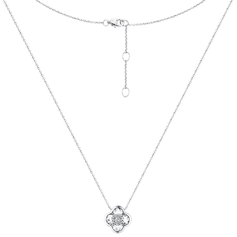 六福珠寶18K金頸鏈 - "映花"18K金(白色)鑽石頸鏈(放閃車花工藝)