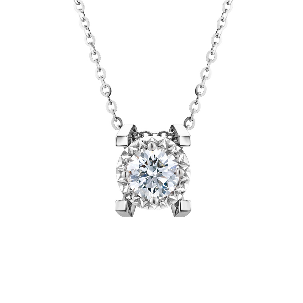 六福珠寶18K金頸鏈 - “Hexicon”8K金(白色)立體長方爪鑽石頸鏈(放閃車花工藝)