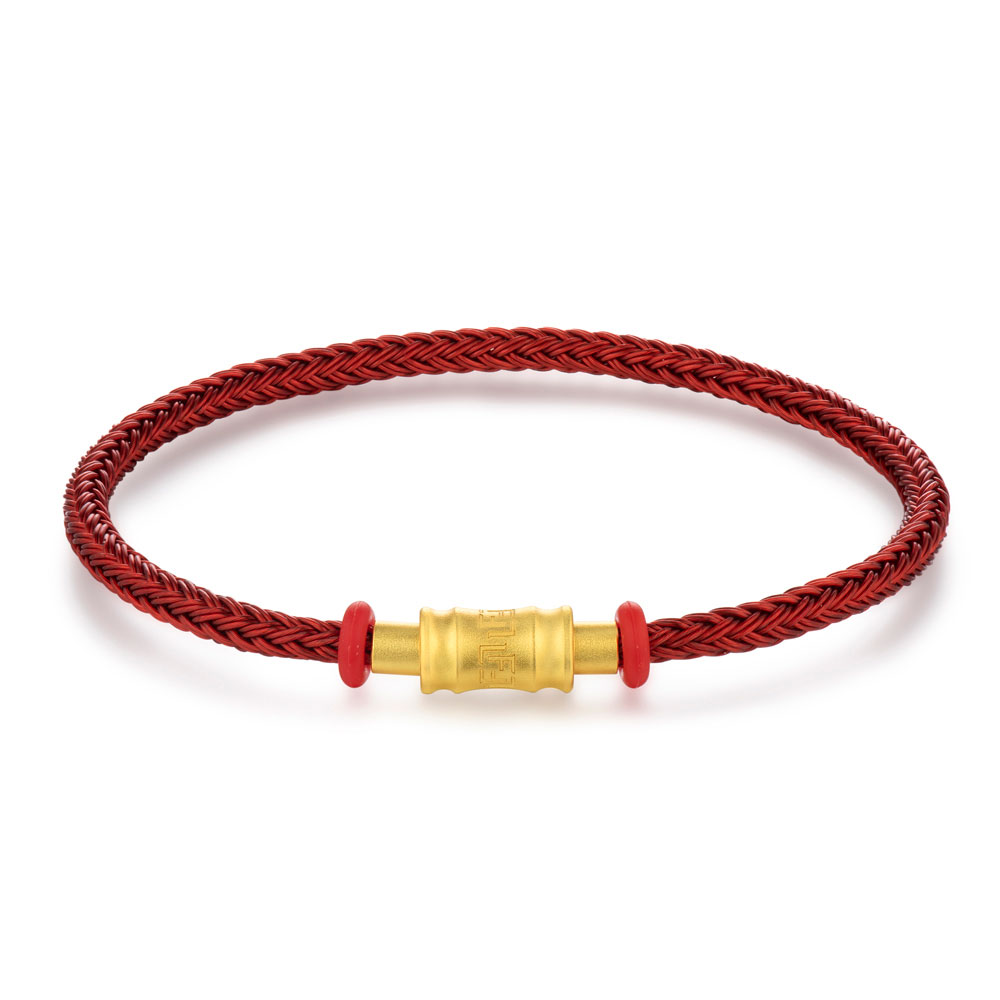 六福珠寶手繩 - 時尚金扣鋼手繩(紅色)