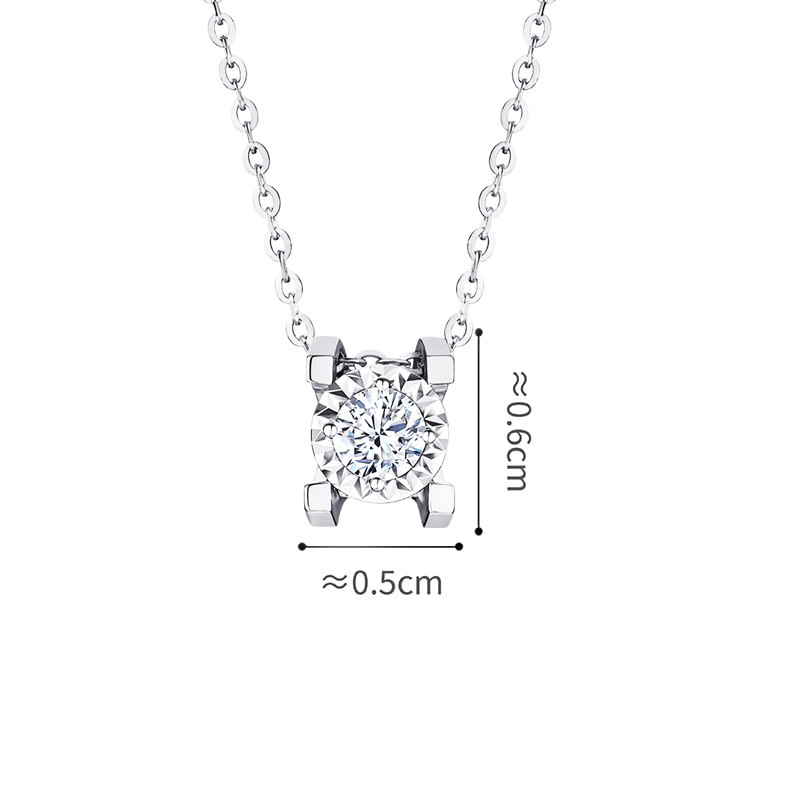 六福珠寶18K金頸鏈 - “Hexicon”18K金(白色)立體長方爪鑽石頸鏈(放閃車花工藝)