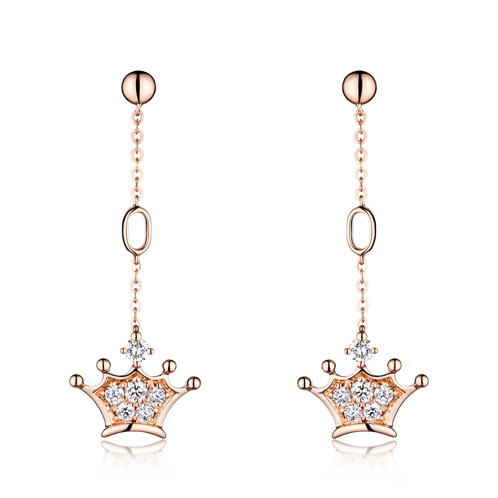 六福珠寶18K金耳環 - 18K玫瑰金小皇冠造型鑽石耳環