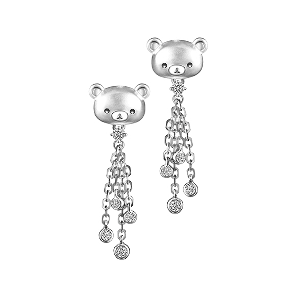 六福珠寶18K金耳環 - "輕鬆小熊™"閃鑽流蘇造型18K金(白色)鑽石耳環