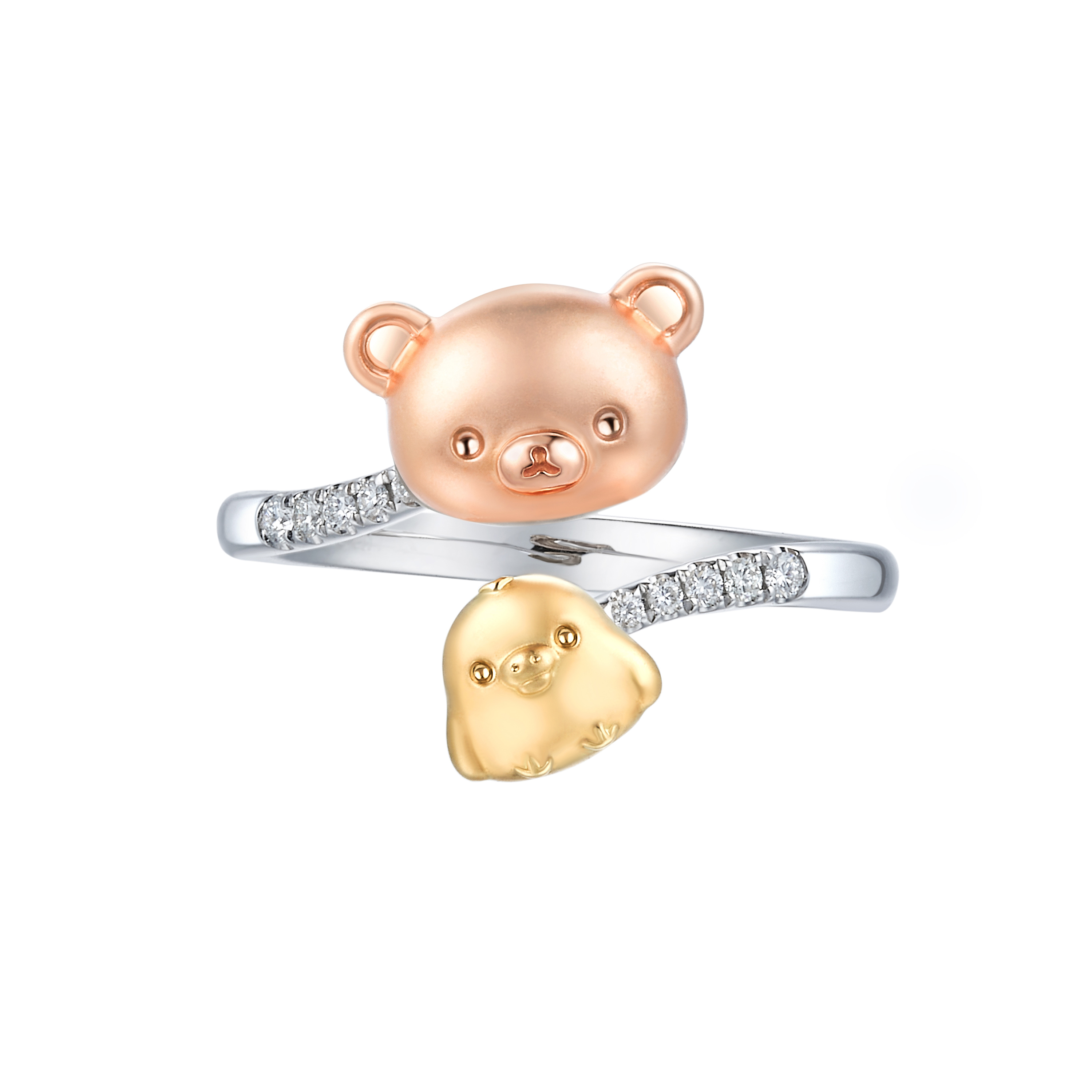 六福珠寶18K金戒指 - "小熊與小雞頭像"18K金(分色)鑽石戒指