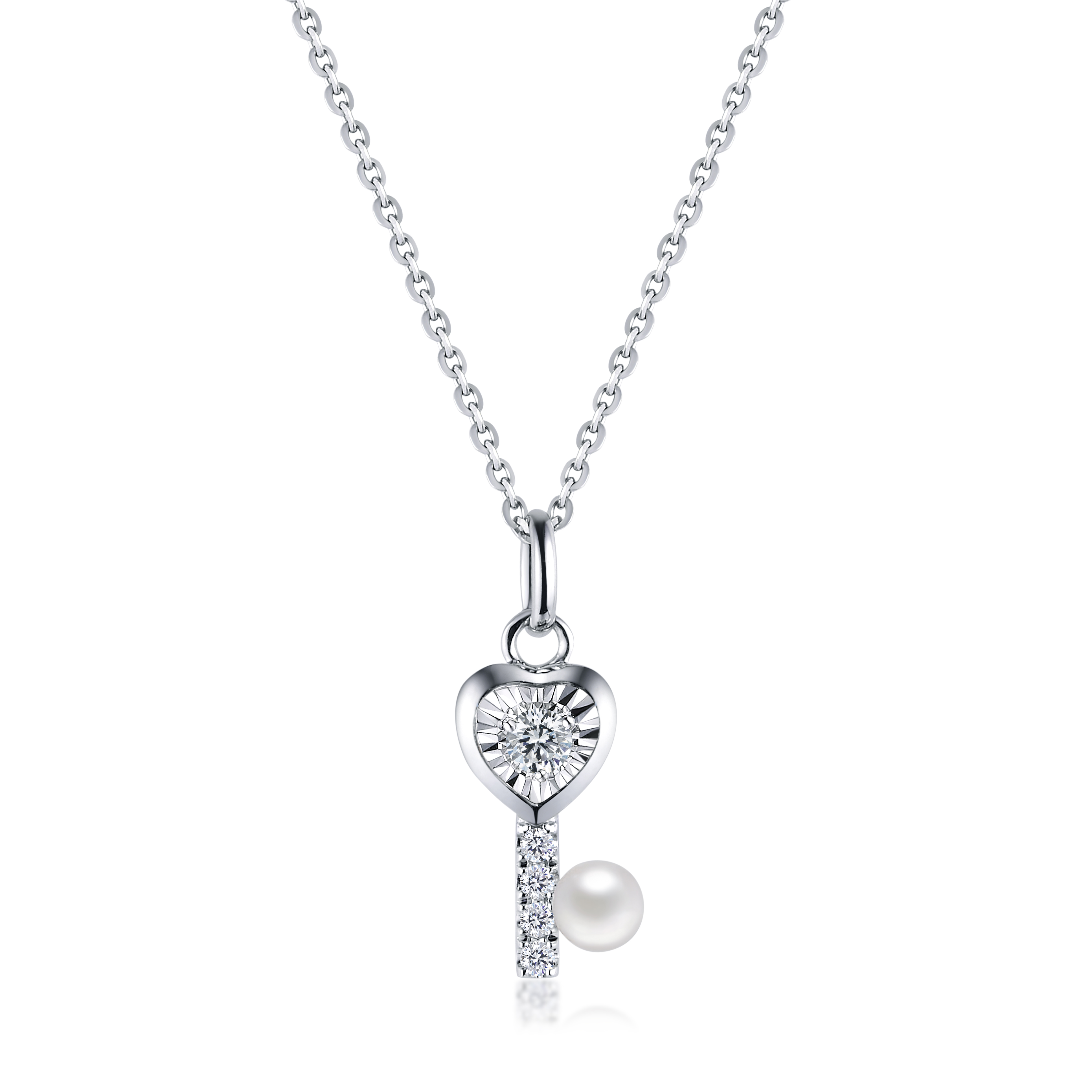 六福珠寶18K金吊墜 - "心之鑰匙"18K金(白色)珍珠鑽石吊墜