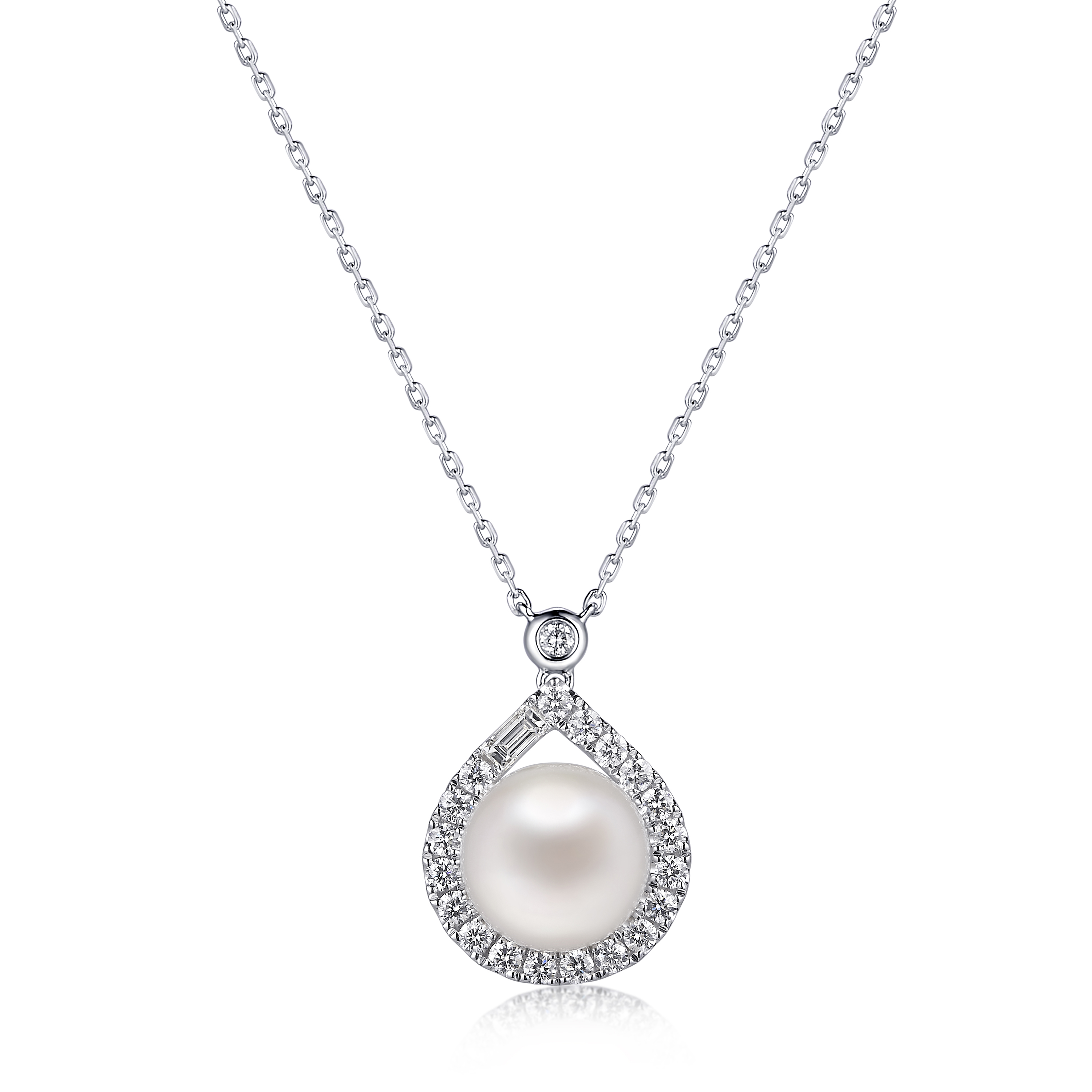 六福珠寶18K金頸鏈 - "溫柔如水"18K金(白色)水滴形珍珠鑽石頸鏈