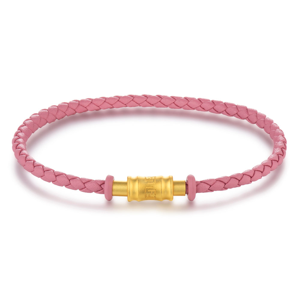 六福珠寶手繩 - 時尚金扣皮質手繩(粉紅色)