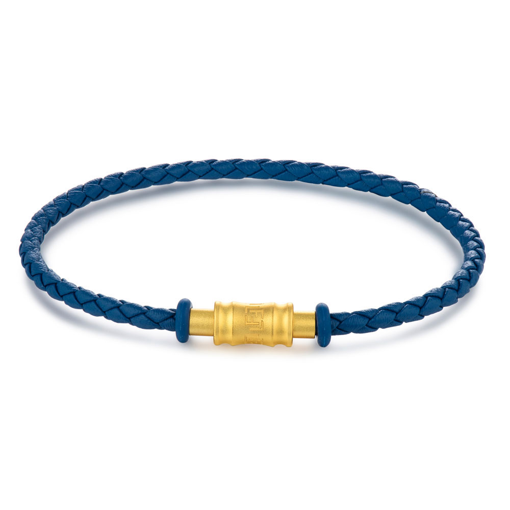 六福珠寶手繩 - 時尚金扣皮質手繩(藍色)