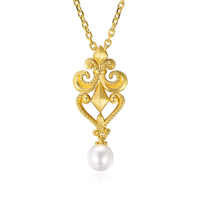 六福珠寶黃金頸鏈 - "鳶尾花"足金珍珠頸鏈