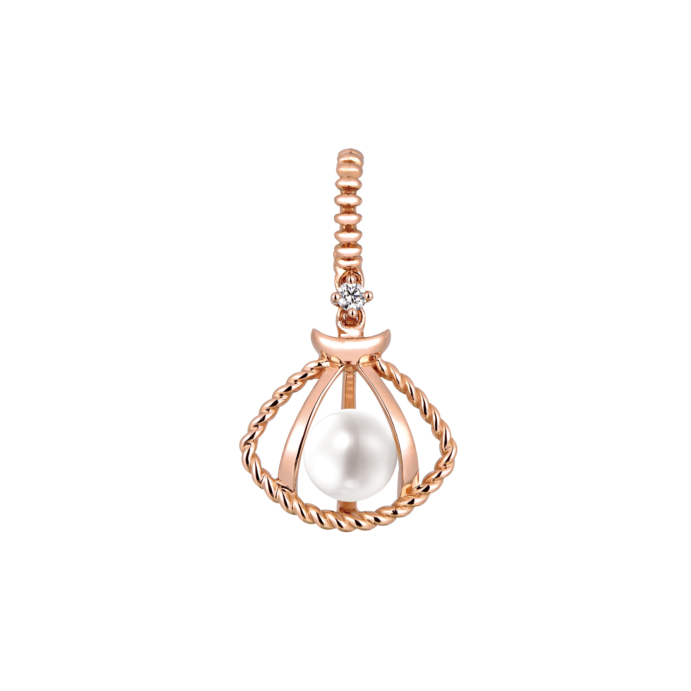 六福珠寶18K金串飾 - "貝殼燈籠"18K玫瑰金珍珠鑽石串飾