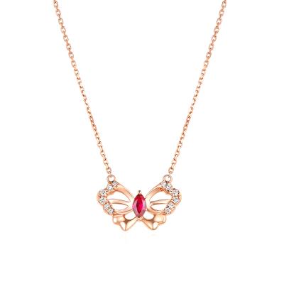 六福珠寶18K金頸鏈 - "優雅蝴蝶"18K金寶石鑽石頸鏈–多色選擇