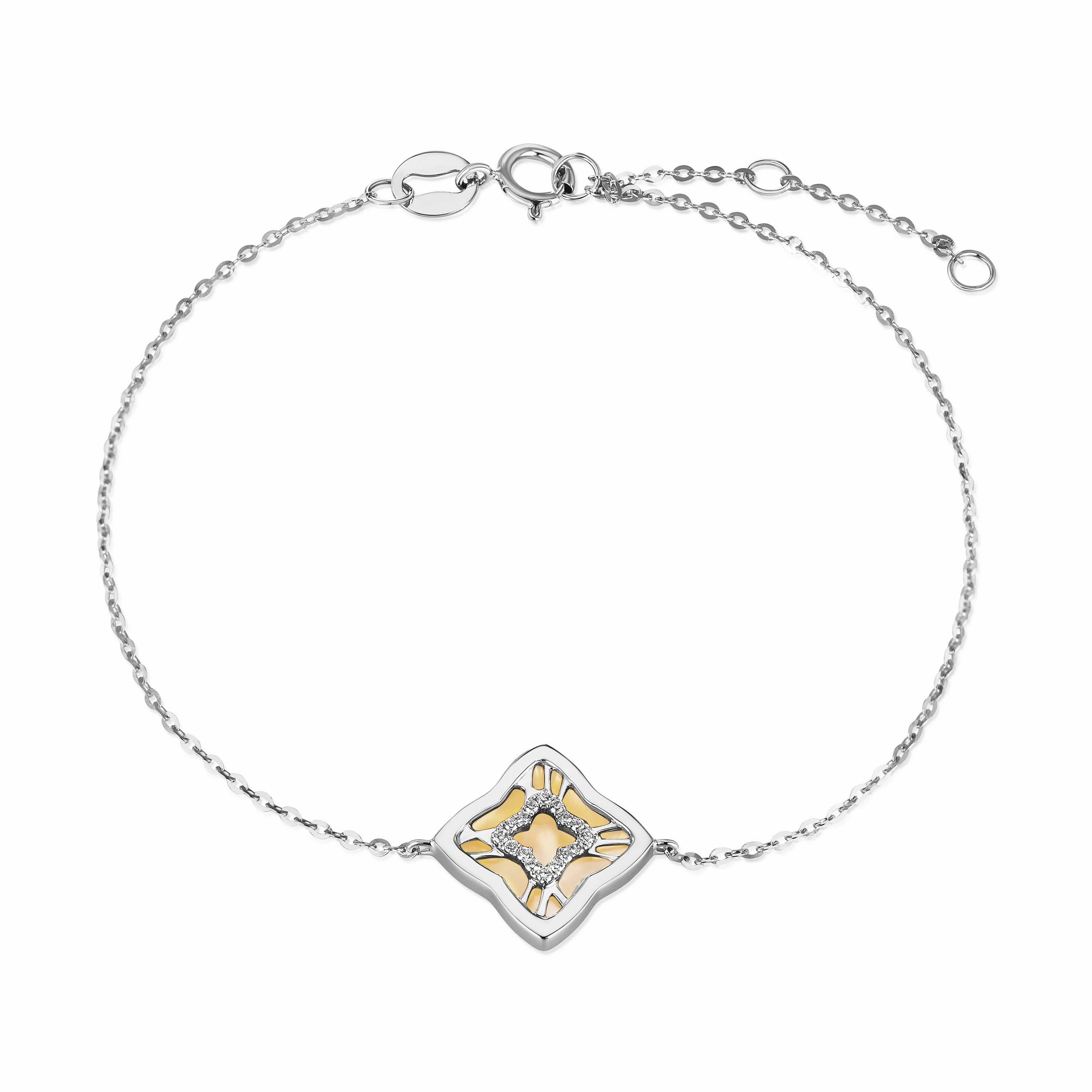 六福珠寶18K金手鏈 - "幸運四葉草"18K金(白色)鑽石貝母手鏈