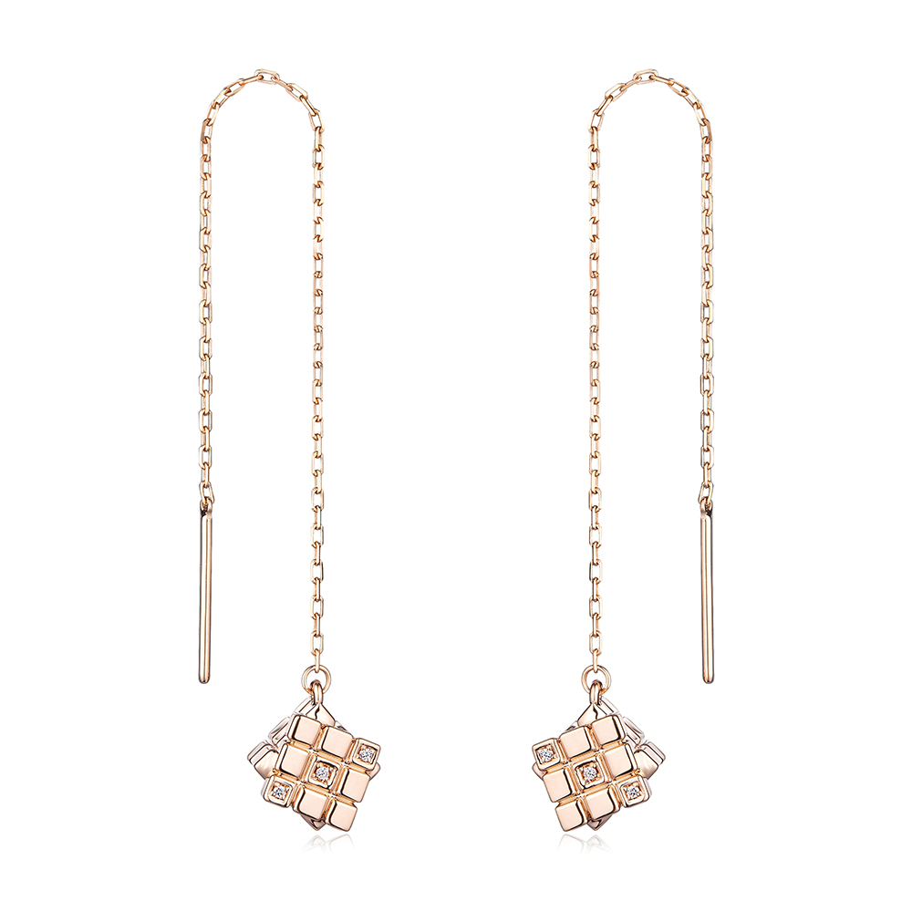 六福珠寶18K金耳環 - 【LISTING CLOSED】"方・如初心"18K玫瑰金鑽石耳環