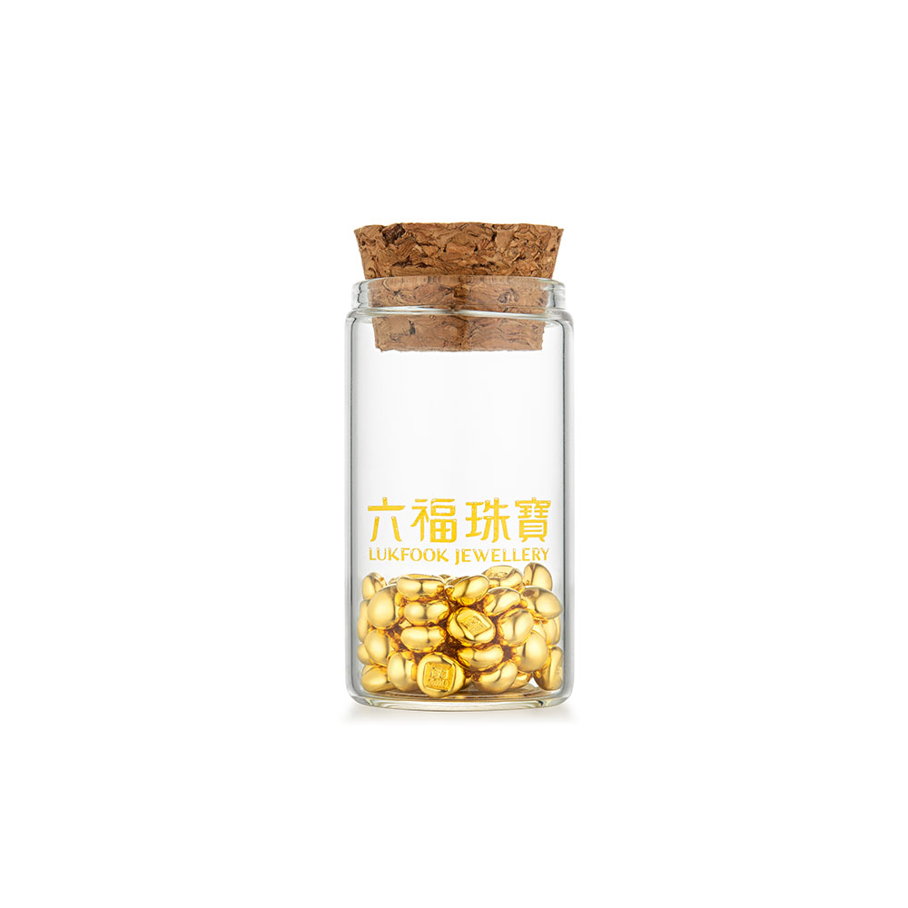 六福珠寶黃金金豆子 - "金豆子"999.9黃金金豆套裝(2粒0.5克金豆)–附送木塞玻璃瓶