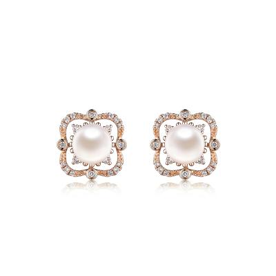 六福珠寶18K金耳環 - 18K金珍珠鑽石耳環–多色選擇
