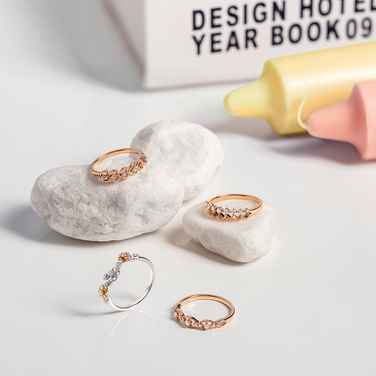 六福珠寶18K金戒指 - "立體方塊圖案"18K金鑽石戒指-多色選擇