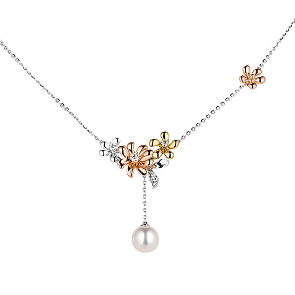 六福珠寶18K金頸鏈 - "花花世界"18K金(分色)珍珠鑽石頸鏈