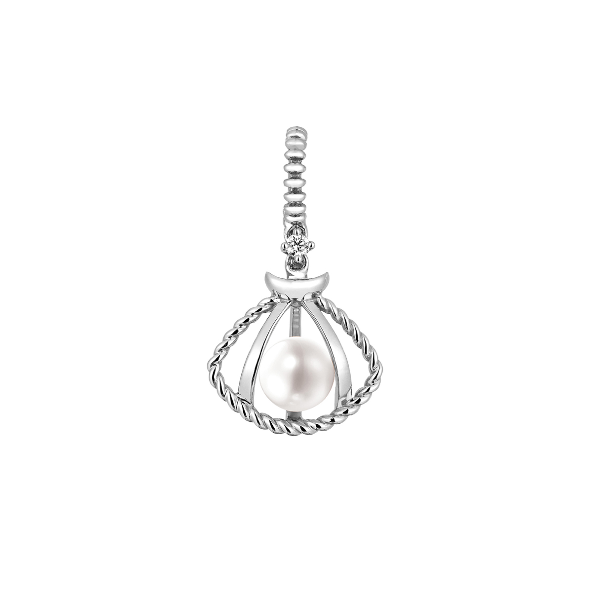 六福珠寶18K金串飾 - "貝殼燈籠"18K金(白色)珍珠鑽石串飾