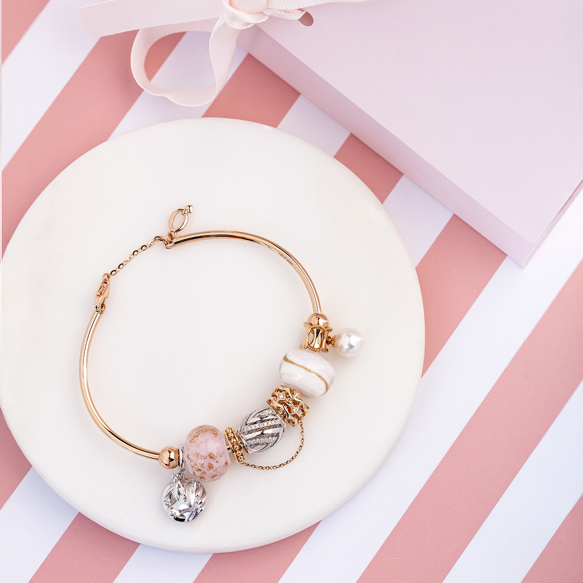 六福珠寶18K金串飾 - "優雅雙連"18K玫瑰金鑽石串飾