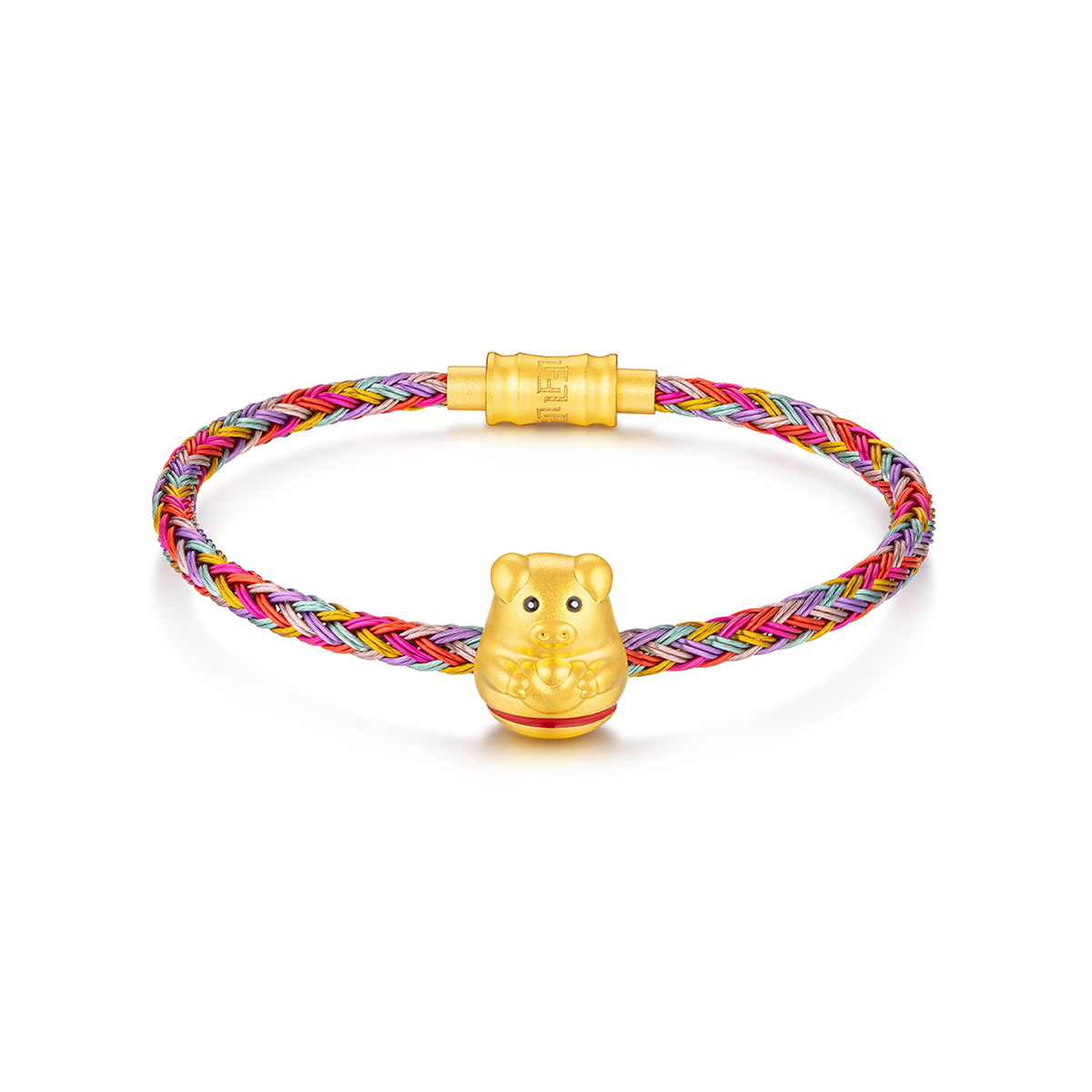 六福珠寶黃金串飾 - "不倒一族"十二生肖999足金串飾連手繩-"富貴豬"(硬金工藝)