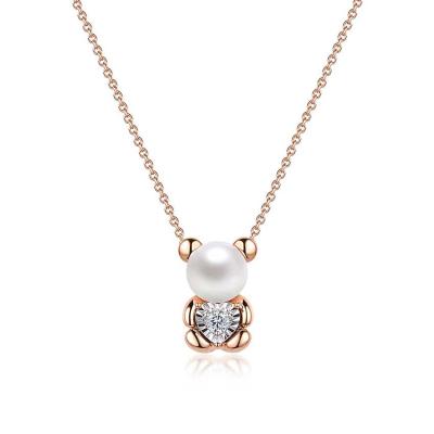 六福珠寶18K金頸鏈 - "心心小熊"18K金(分色)珍珠鑽石頸鏈