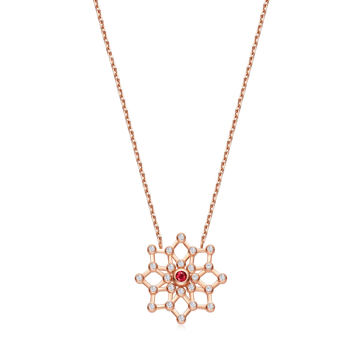 六福珠寶18K金頸鏈 - 18K玫瑰金紅寶石鑽石頸鏈(三種變化款式)