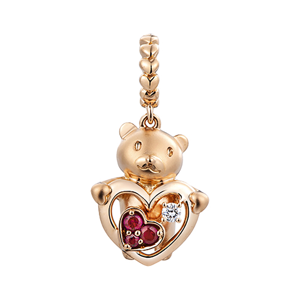 六福珠寶18K金串飾 - "可愛小熊"18K玫瑰金紅寶石鑽石串飾