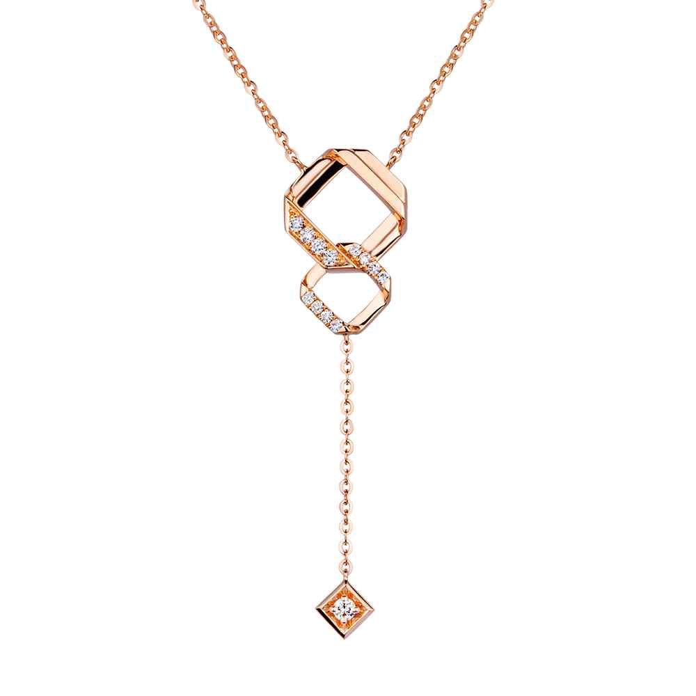 六福珠寶18K金頸鏈 - "同心結"18K玫瑰金鑽石頸鏈