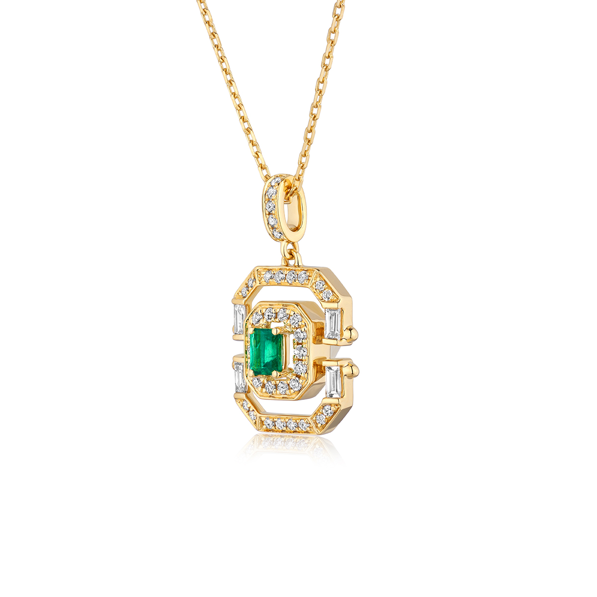 六福珠寶18K金頸鏈 - "凝彩美寶"18K金(黃色)祖母綠鑽石頸鏈