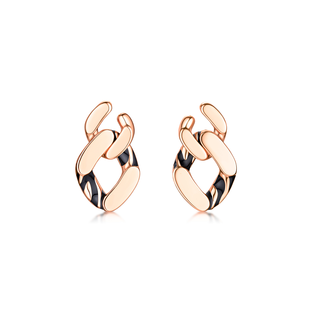 六福珠寶18K金耳環 - 潮流風"豹"小方扣18K玫瑰金琺瑯耳環