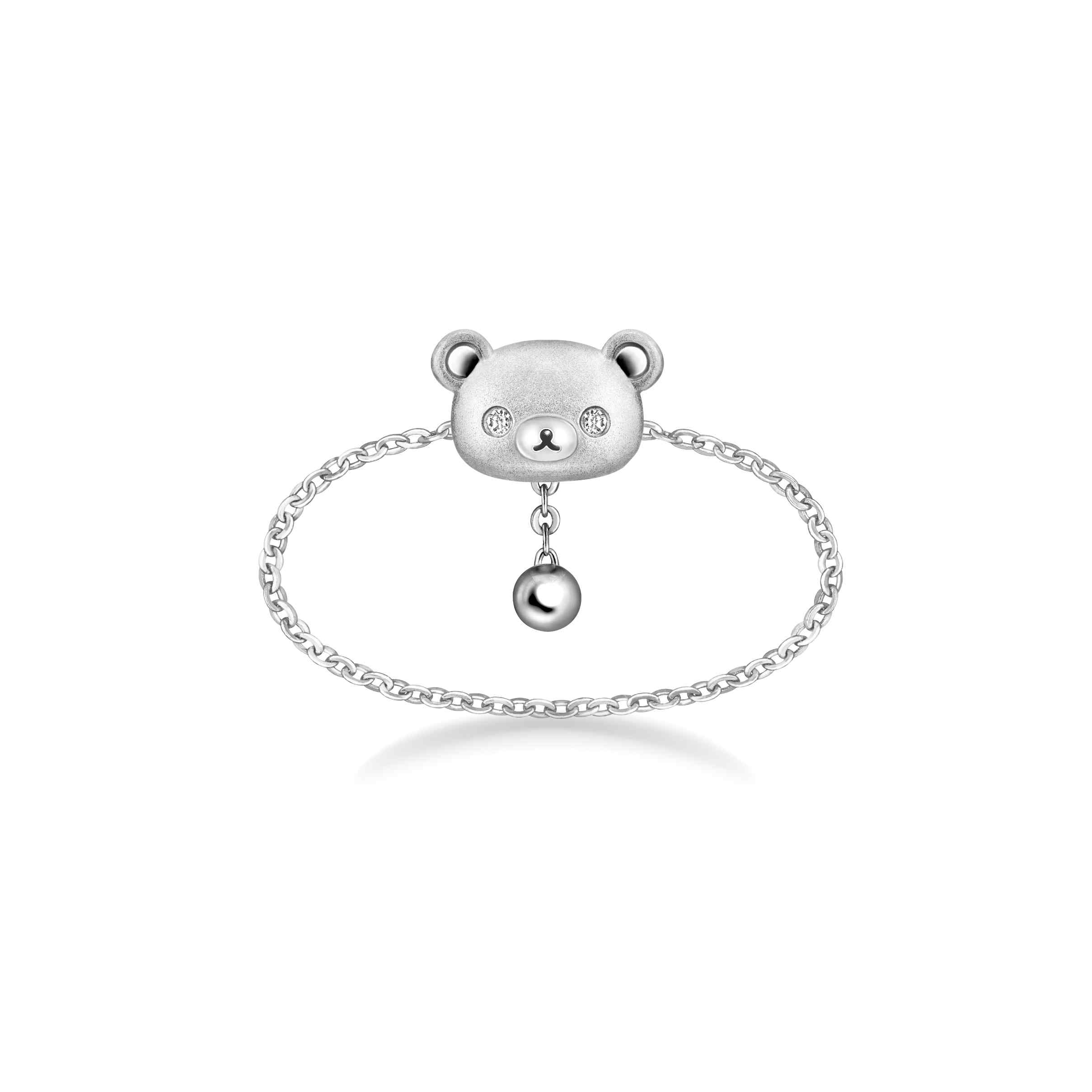 六福珠寶18K金戒指 - "小熊頭像"18K金(白色)鑽石軟鏈戒指