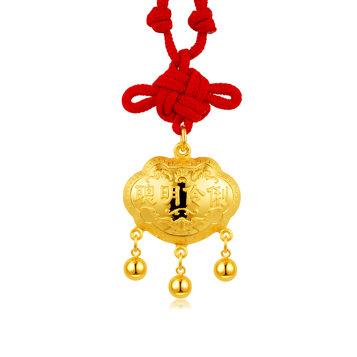 六福珠寶黃金吊墜 - "聰明伶俐"千足金鎖包連精美頸繩