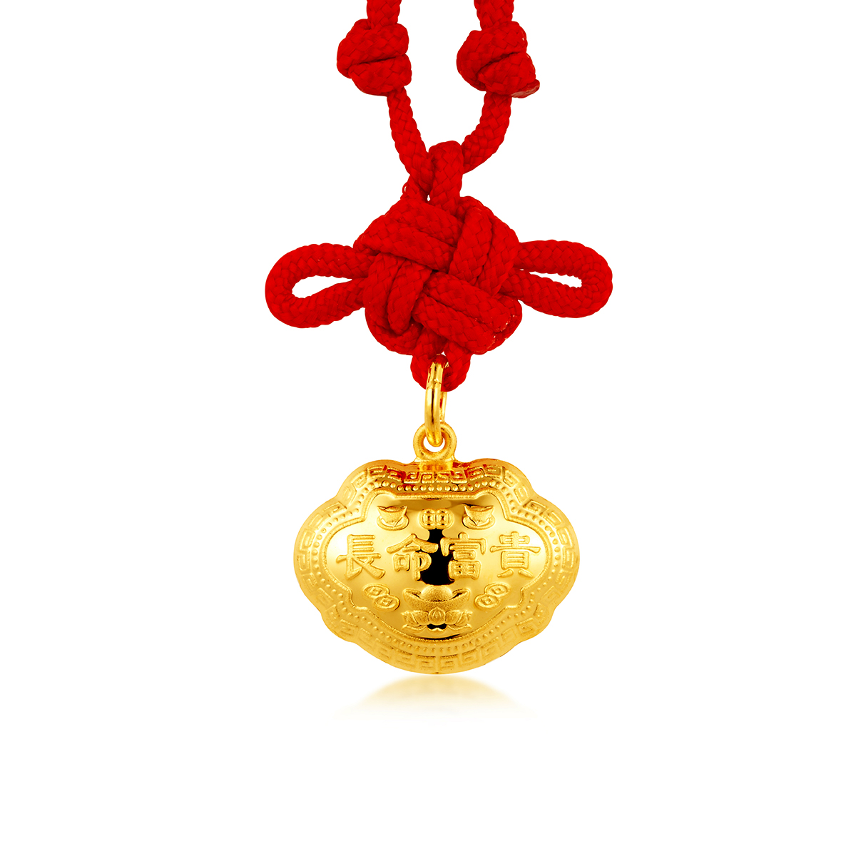 六福珠寶黃金吊墜 - "長命富貴"千足金鎖包連精美頸繩