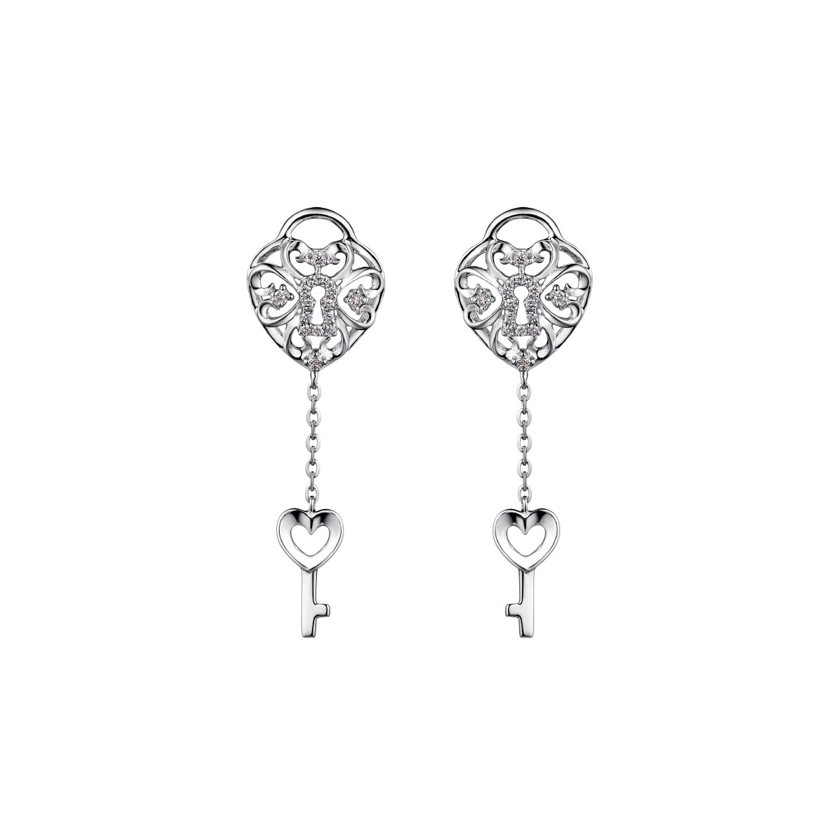 六福珠寶18K金耳環 - "愛情密鑰"18K金(白色)鑽石耳環