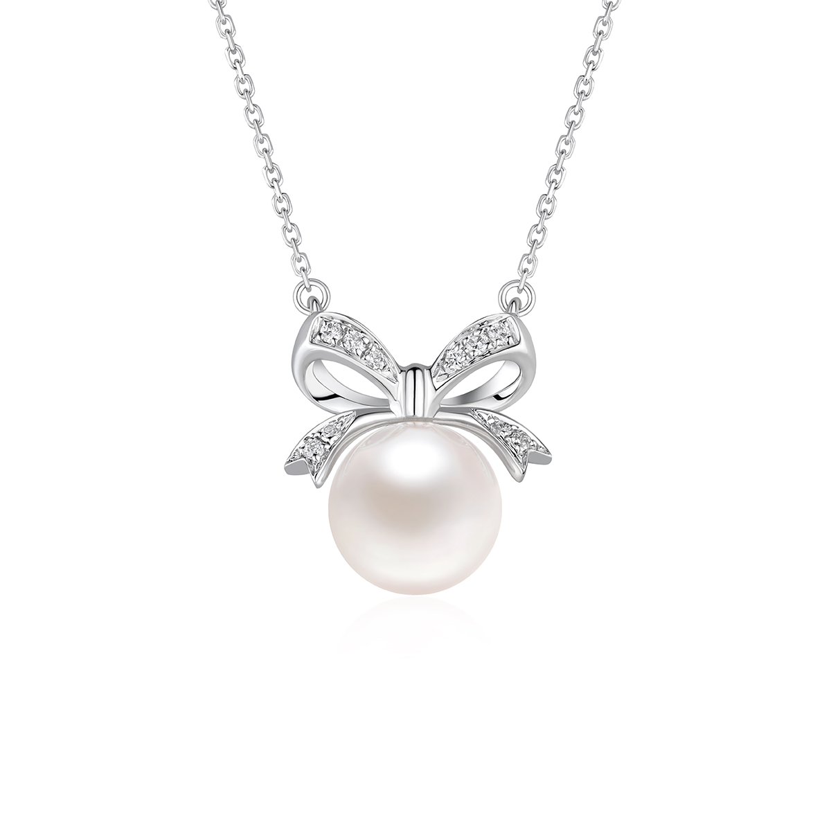 六福珠寶18K金頸鏈 - "蝴蝶結"18K金(白色)珍珠鑽石頸鏈