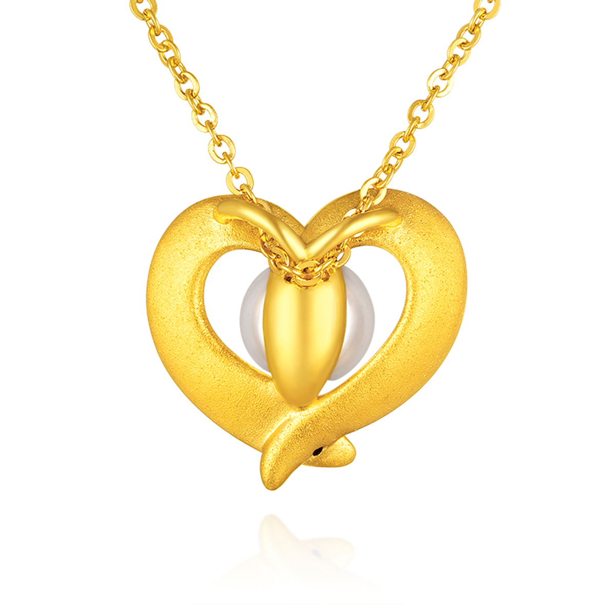 六福珠寶黃金吊墜 - "Love"心形999足金珍珠吊墜
