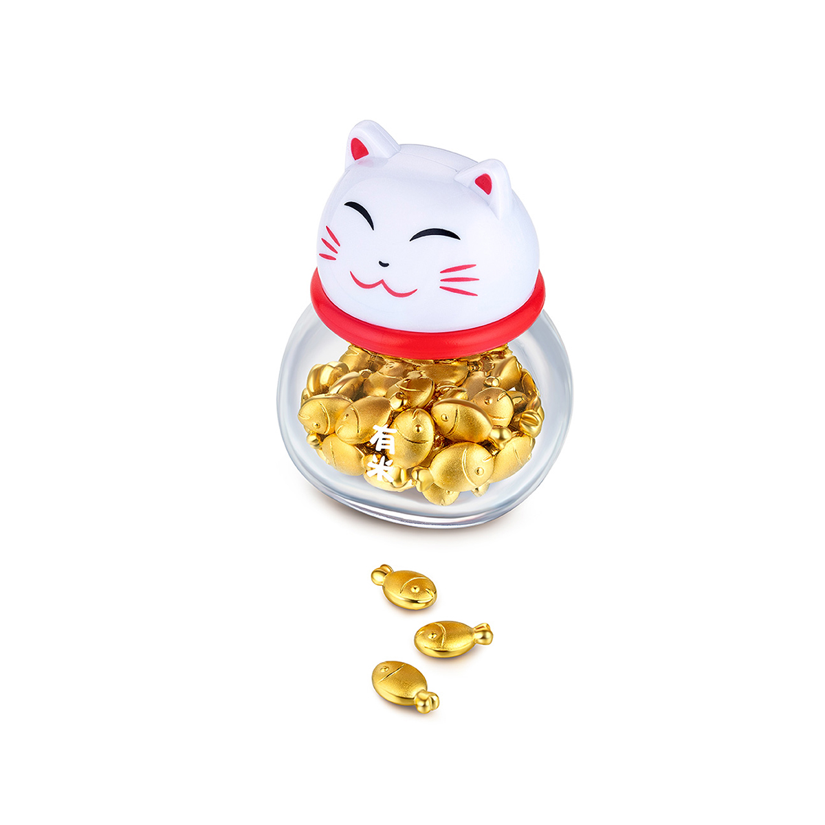 六福珠寶黃金金豆子 - "金鯉魚"999.9黃金鯉魚套裝(2粒)–附送可愛貓瓶