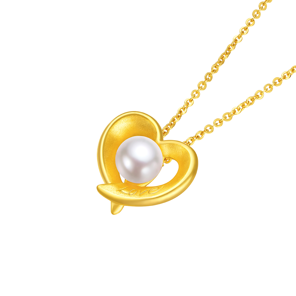 六福珠寶黃金吊墜 - "Love"心形999足金珍珠吊墜