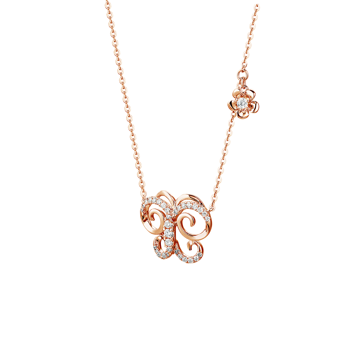 六福珠宝18K金颈链 - "春日蝶舞"18K玫瑰金钻石颈链