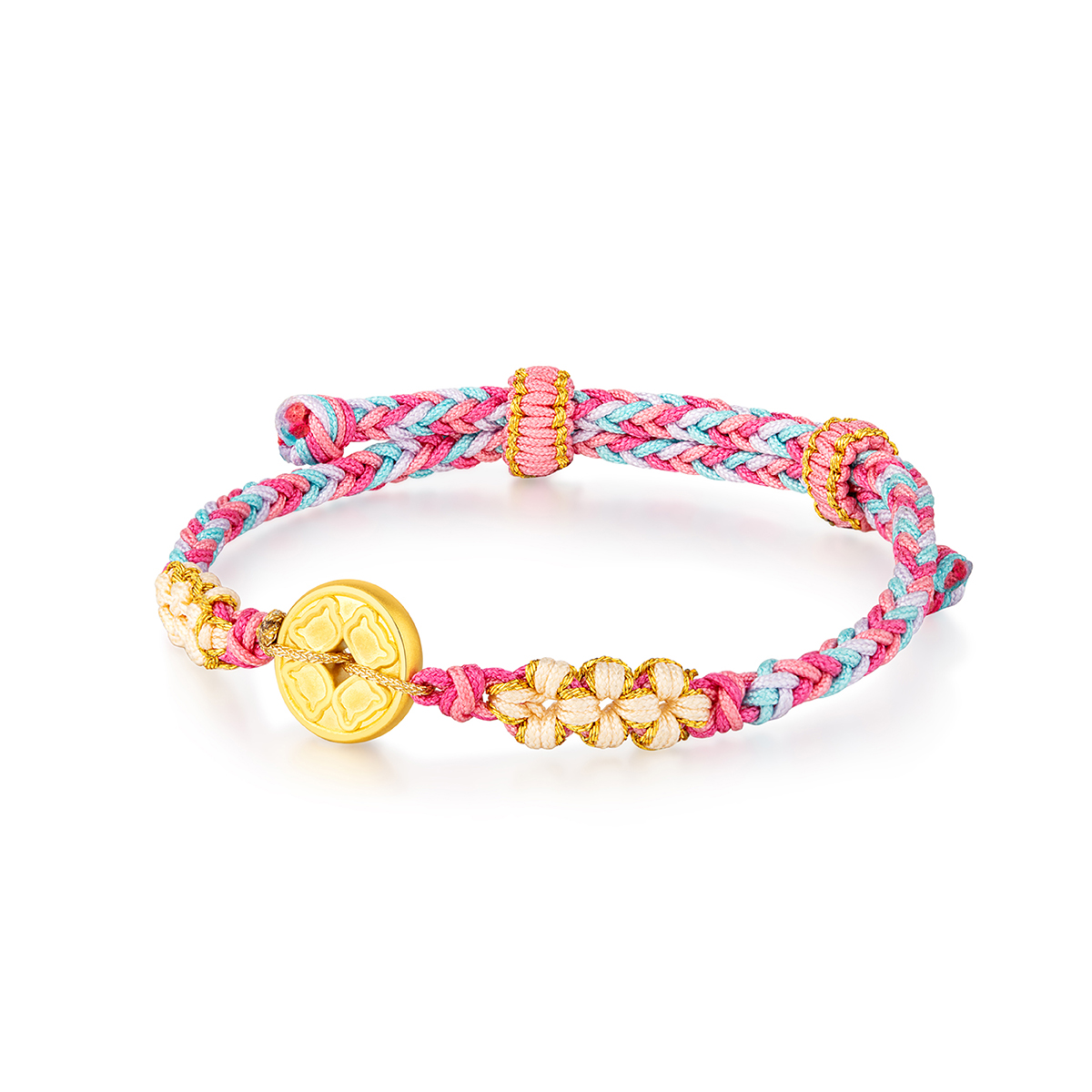 六福珠寶黃金串飾 - "熊運當頭運財銅錢"999足金串飾連手繩