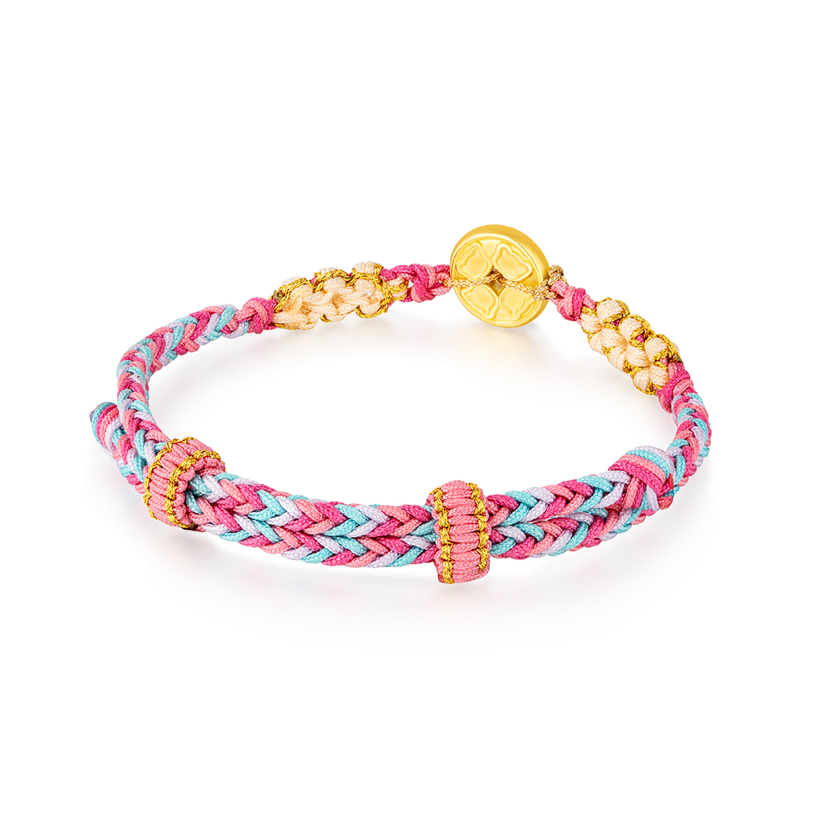 六福珠寶黃金串飾 - "熊運當頭運財銅錢"999足金串飾連手繩