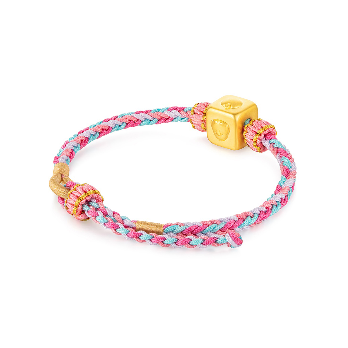 六福珠寶黃金串飾 - "輕鬆小熊™方牌"Goldstyle999足金串飾連手繩(3D硬金電鑄工藝)