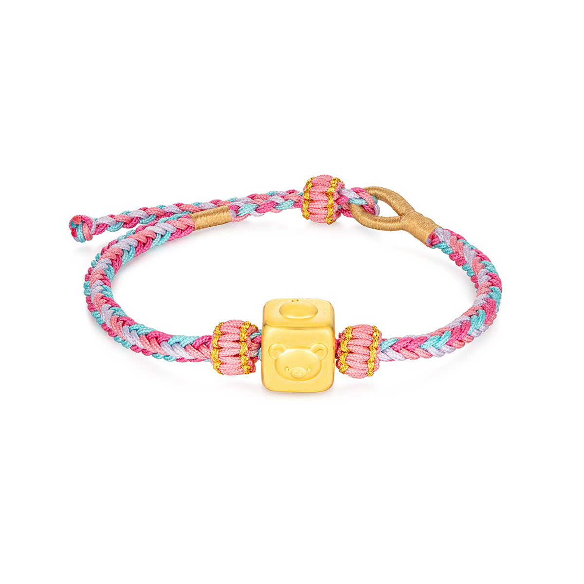 六福珠寶黃金串飾 - "輕鬆小熊™方牌"Goldstyle999足金串飾連手繩(3D硬金電鑄工藝)