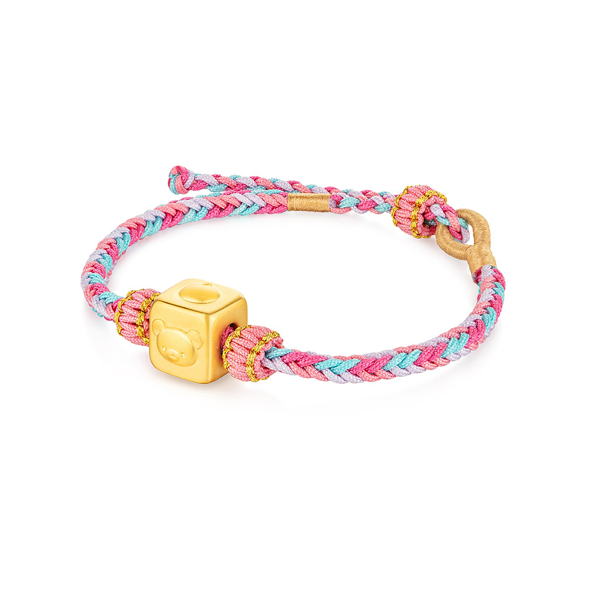 六福珠寶黃金串飾 - "輕鬆小熊™方牌"Goldstyle999足金串飾連手繩(3D硬金電鑄工藝)