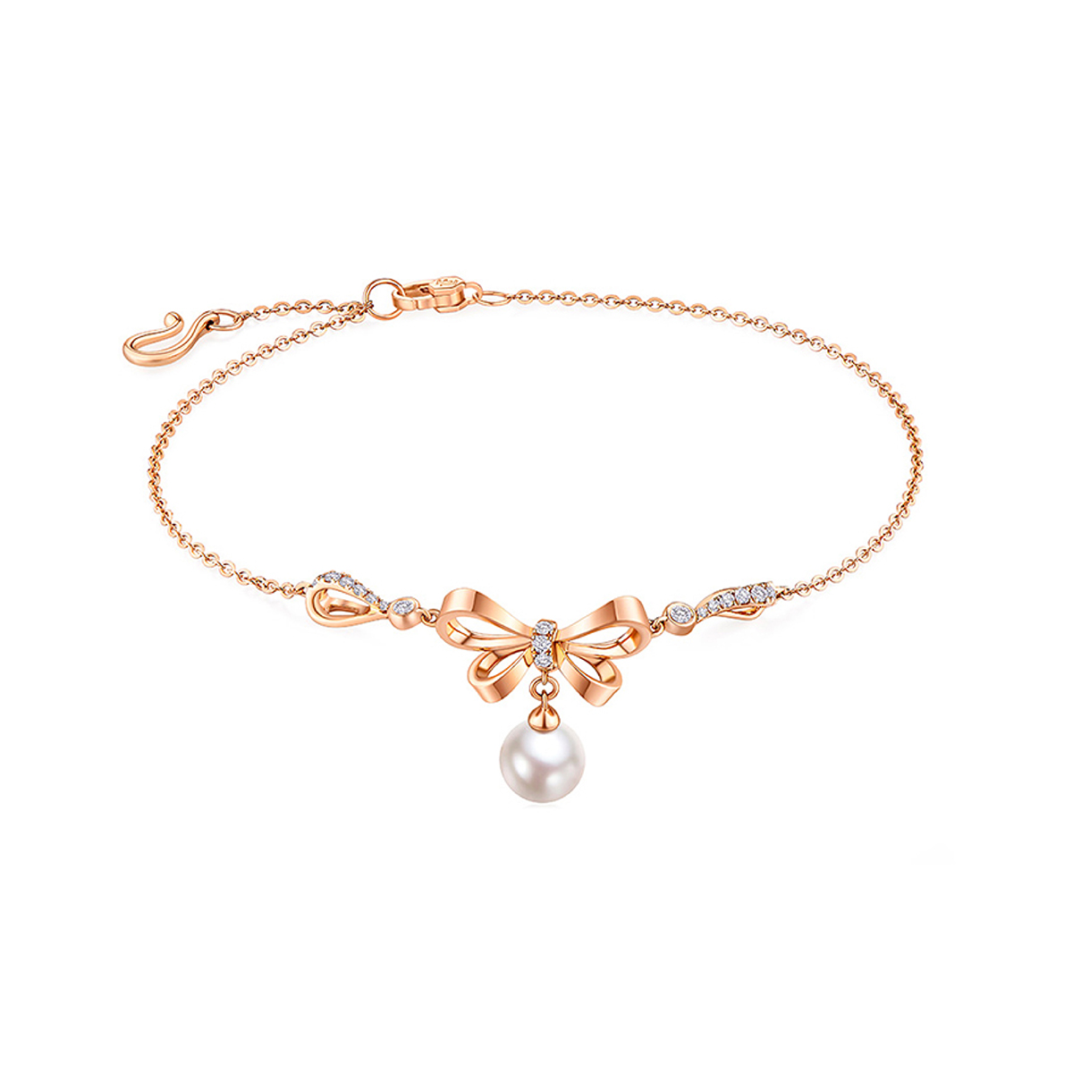 六福珠寶18K金手鏈 - 【LISTING CLOSED】"蝴蝶結"18K金鑽石珍珠手鏈–可一款兩戴(多色選擇)